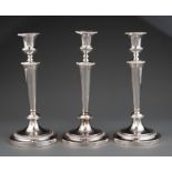 Set of Four Antique English Silverplate Candlesticks , 19th c., crested, each with urn-form