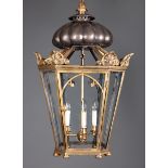 Windsor Lantern , with lobed wood crest, four Gothicized glazed panels and tripartite candle