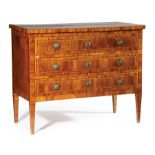 Pair of Neoclassical Inlaid Olivewood Commodes , early 19th c., three drawers, tapered legs,
