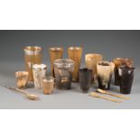 Group of Twelve Antique English Horn Beakers , incl. 4 retaining English silver mounts, h. 2 3/8 in.