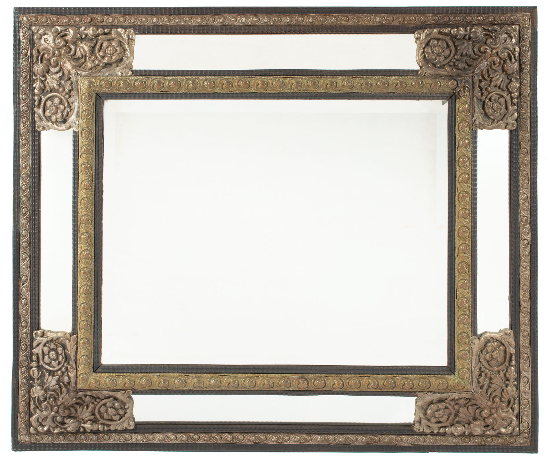 Louis XIV-Style Ebonized and Repousse Brass Cushion Mirror , 19th c., ribbon molded trim, beveled