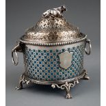 Antique Silverplate and Blue Opaline Glass Butter Dish , 19th c., reticulated cover and stand with