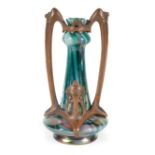 Austrian Art Nouveau Bronzed Pewter Mounted Glass Vase , c. 1905, Rindskopf, green iridescent