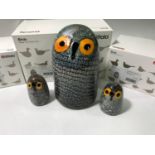 Three Oiva Toikka for Iittala studio glass owls, 'Barn Owl' and two 'Little Barn Owls', etched