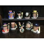 Seven Royal Doulton character jug liquor containers, including John Bull, Captain Cook, Uncle Sam,