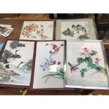 Three various Oriental hand painted silks, together with an Oriental watercolour and a print, decor