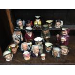 A large selection of Royal Doulton Toby jugs including The Huntsman, Sherlock Holmes, Falstaff and