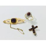 A 9ct gold garnet dress ring, weighing 3.2 grams, finger size P. Together with a 9ct gold garnet set