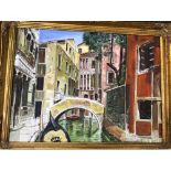Four various pictures including a canal scene in Venice, an Egyptian style head on paper, and a view