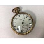 A gold-plated Waltham open-faced pocket watch, the white enamel dial with Roman numerals denoting