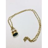 A 9ct gold belcher chain with green stone seal fob, total weight 14.8 grams