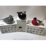 Three Oiva Toikka for Iittala studio glass birds, 'Spotted Crake', 'Bullfinch' and 'Rosy Finch', two