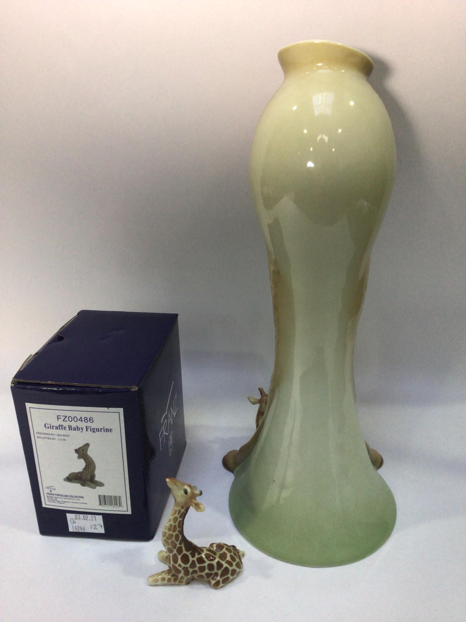 A large 20th century ceramic vase shaped as a giraffe licking her calf, by Franz, signed to base, - Image 2 of 2