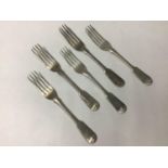 A matched set of five Georgian silver salad forks, two by William Eaton, hallmarked London, 1830,