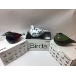 Three Oiva Toikka for Iittala studio glass birds, 'Whip Poor Will', 'Dalma' and 'Queen Fisher', each