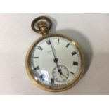 A gold-plated Waltham open-faced pocket watch, the white enamel dial with Roman numerals denoting