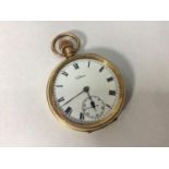 A gold-plated Waltham open-faced pocket watch, the white enamel dial with Roman numerals denoting