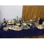 Various silver-plated items including a bain marie, tureen and cover, tray, teapots, posy vase, wine