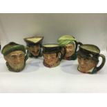 A large collection of assorted Royal Doulton character jugs, including Paddy, two x Sairey Gamp, Owd