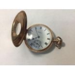 A 9ct gold cased Waltham half-hunter pocket watch, the case front with circular window surrounded by