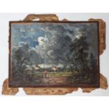 Style of John Constable, landscape study with figures and cottages beyond, oil sketch on wooden