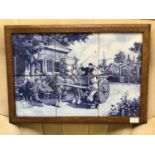 After J C V Hunnik, a Group of Six Delft printed tiles, displayed in oak frame, 29 x 44cm