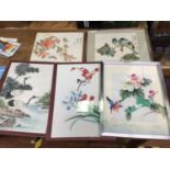 Three various Oriental hand painted silks, together with an Oriental watercolour and a print,