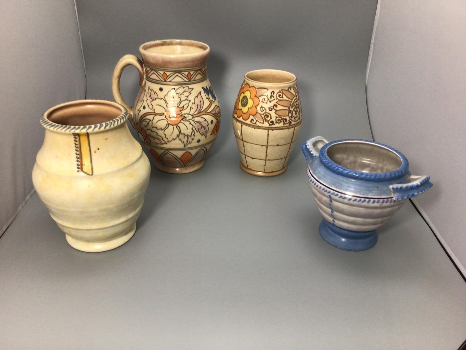 Four various vases including a Bursley Ware by Charlotte Rhead vase no. TL3 'Trellis', 17.5cm - Image 2 of 4