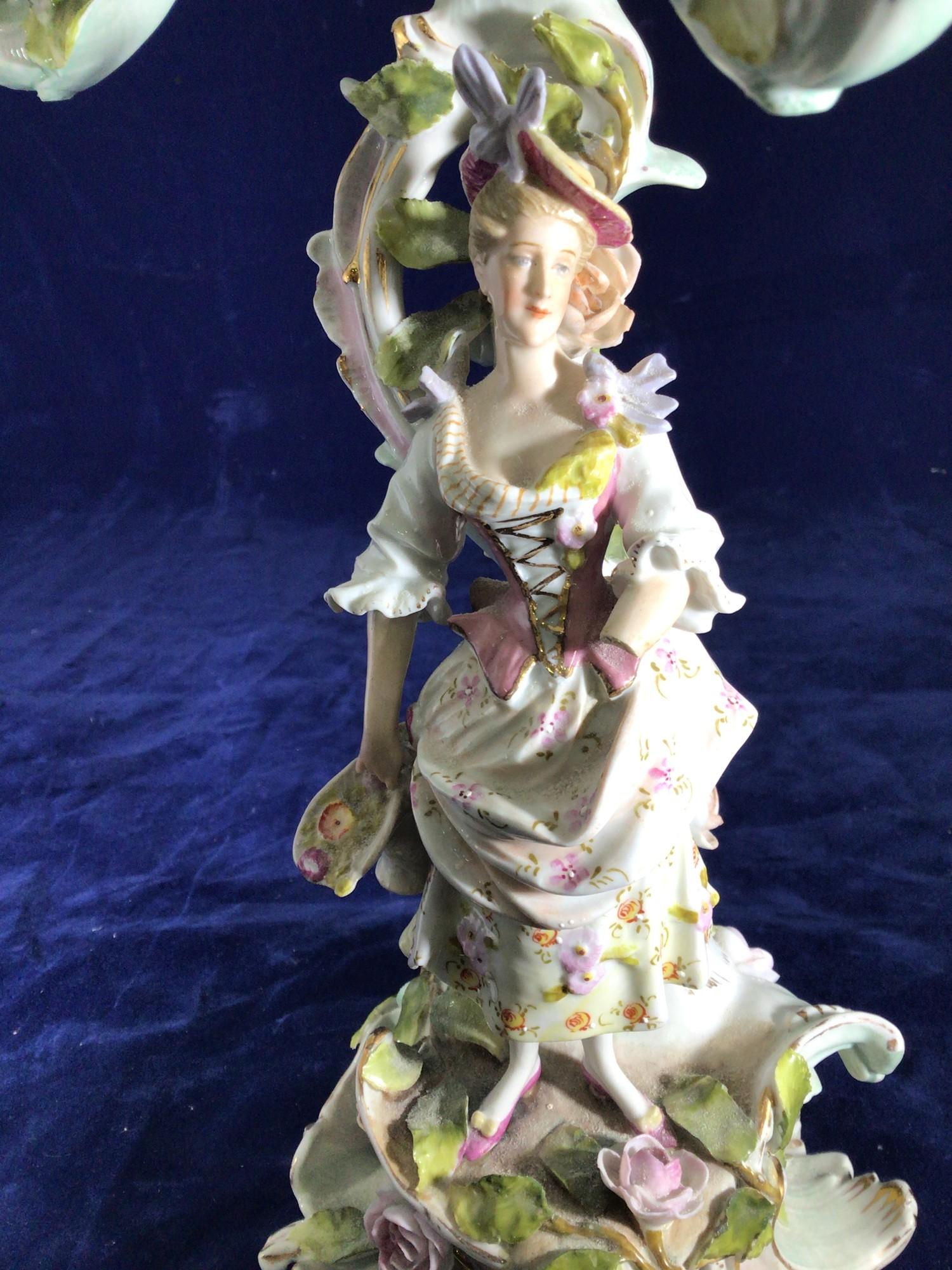 SECTION 13. A pair of German porcelain figural four armed candelabra encrusted with all over - Image 13 of 16