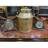 A large oak milk churn together with 2 wooden eight-day timer mantel clocks complete with keys