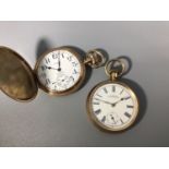 Two gold-plated pocket watches by Waltham, one full-hunter example with white enamel dial, Arabic