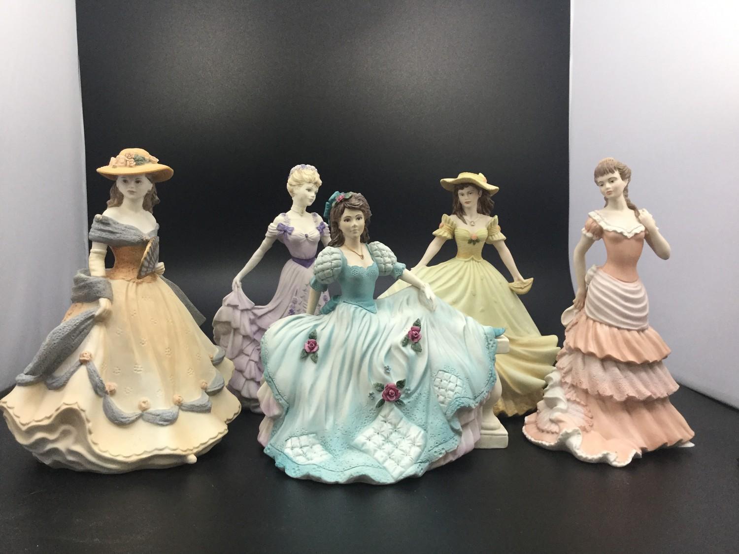 Five assorted boxed Coalport 'Age of Elegance' figural ladies including 'On the Balcony', 'First