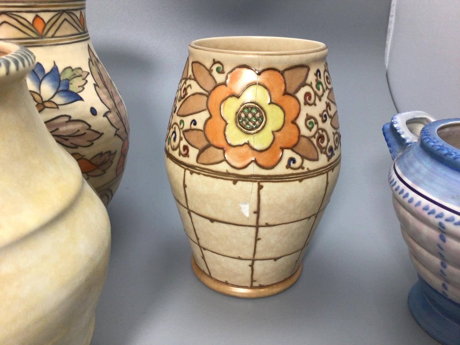 Four various vases including a Bursley Ware by Charlotte Rhead vase no. TL3 'Trellis', 17.5cm - Image 4 of 4