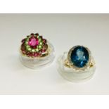 Two 9ct yellow gold coloured gemstone dress rings, total weight 9.4 grams.