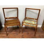 A pair of stained beech rectangular bijouterie tables, with hinged tops, raised on cabriole