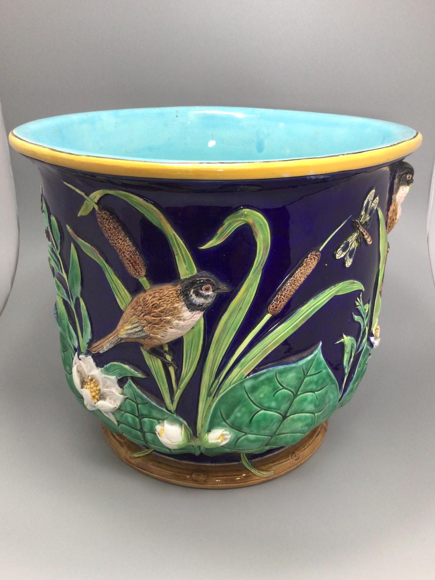 A 19th century Majolica pottery jardiniere, probably by George Jones, decorated in relief with birds - Image 2 of 6
