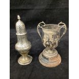 A silver pepper caster, makers mark rubbed, possibly Thomas Dones, together with a small, two-