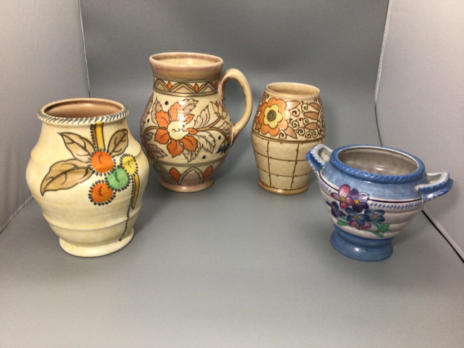 Four various vases including a Bursley Ware by Charlotte Rhead vase no. TL3 'Trellis', 17.5cm