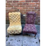 A Victorian slipper chair with beige velvet deep-button upholstery, on turned front supports to