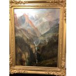 A 19th century Romantic alpine landscape scene with waterfall and bridge, unsigned, oil on canvas