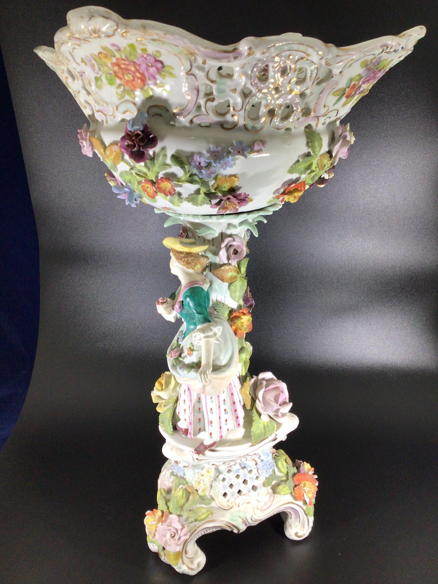 A late 19th / early 20th century large ceramic Dresden figural and floral encrusted comport, - Image 2 of 4