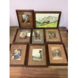 Various pictures including six Baxter prints and some French hand painted doilies etc.