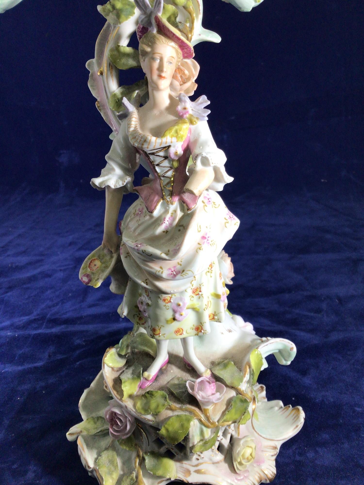 SECTION 13. A pair of German porcelain figural four armed candelabra encrusted with all over - Image 14 of 16