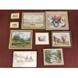 A collection of assorted paintings and prints comprising a country landscape study by Richard