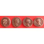 Four roman coins including examples of the coinage of Piso, Hadrian and Trajan.