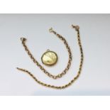 Two 9ct gold bracelets (one broken) together with a rolled gold round locket, total weight 7.1