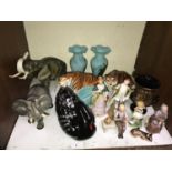 SECTION 8. Various ceramics figures including two tigers, two elephants, swan pomander together with