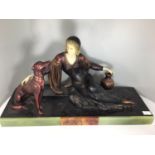 After Menneville, an art deco style painted composite figure of a seated lady resting one hand on a