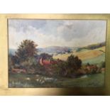 Two early 20th century country landscape studies, one with sheep in a field and houses and fields