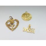 Two 9ct gold pendants and one 14ct gold pendant (broken) weighing a total of 4.6 grams.